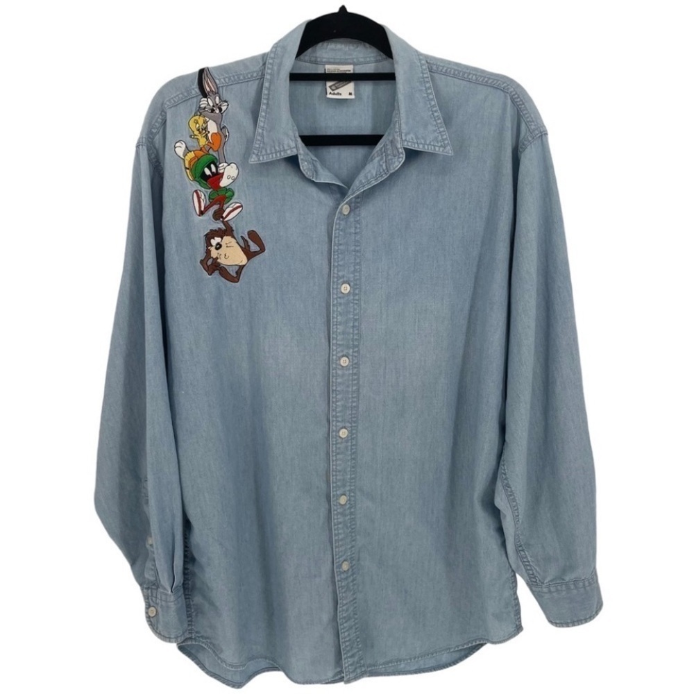Vintage 1998 Warner Bros Character Bugs Tweety Chambray Button Up Shirt - Sz M